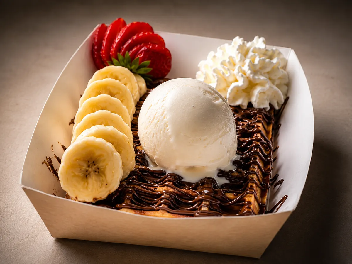Gofre con helado, fruta y chocolate