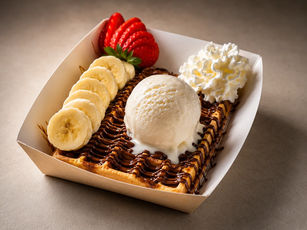 Gofre con helado, fruta y chocolate