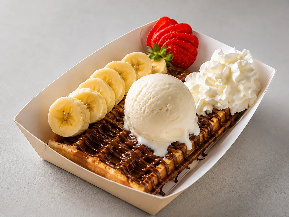 Gofre con helado, fruta y chocolate